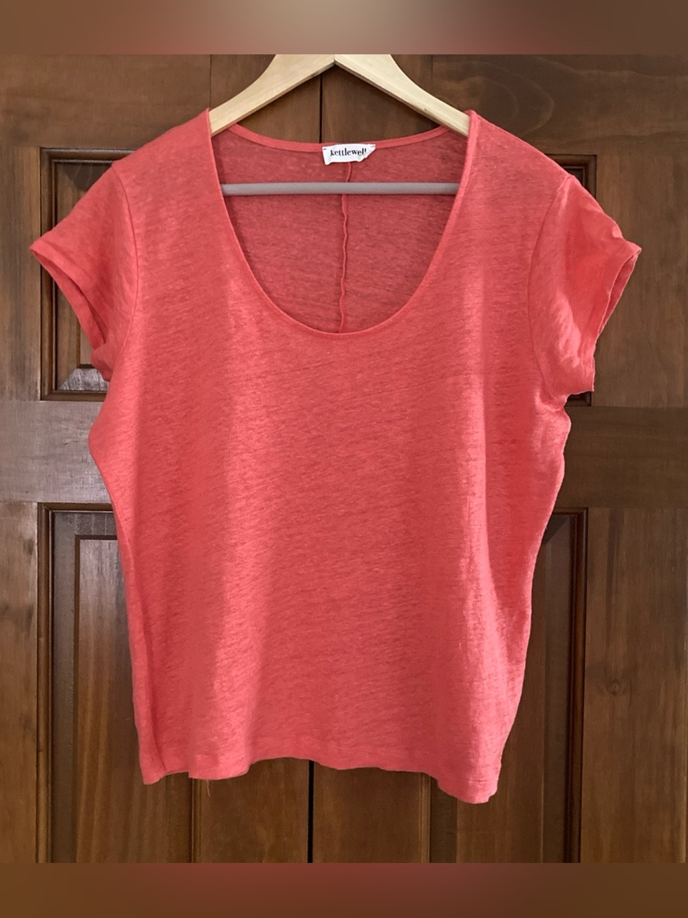 Kettlewell Women’s large Coral Short Sleeve Scoop Neck blouse Top 100% linen